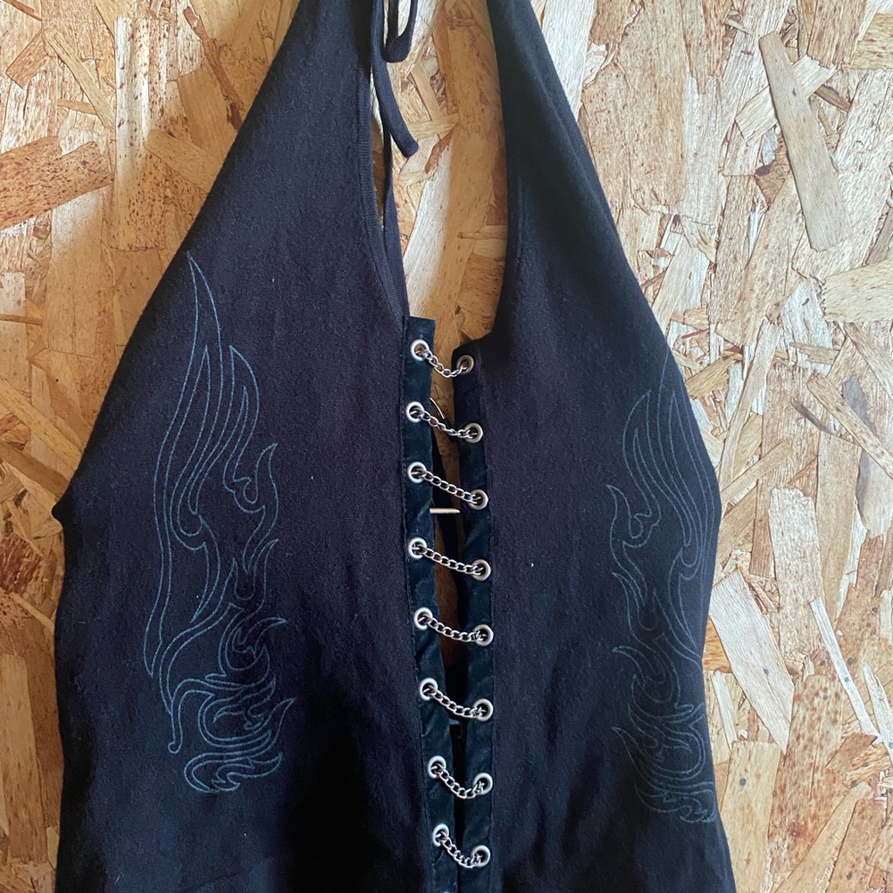 Harley-Davidson Black Lace-Up Halter Crop Top with Subtle Flame Graphics